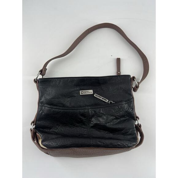 Stone Mountain Handbags - Stone Mountain Black Leather Brown Trim Tote Shoulder Bag Zipper Pocket Plain